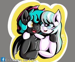 Size: 960x800 | Tagged: safe, artist:thedamneddarklyfox, oc, oc:rose moon, oc:vixen feather, species:bat pony, species:earth pony, species:pony, bat pony oc, bat wings, bff, clothing, cute, fangs, female, friends, glasses, happy, hat, looking at each other, mare, shipping, smiling, wings