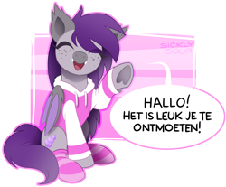 Size: 1516x1254 | Tagged: safe, artist:sickly-sour, oc, oc only, oc:lilac lily, species:bat pony, species:pony, bat pony oc, clothing, dialogue, dutch, eyes closed, freckles, happy, hoodie, simple background, sitting, smiling, socks, solo, speech, speech bubble, striped socks, transparent background