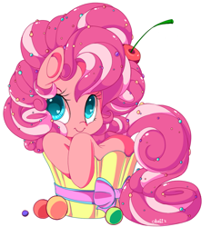 Size: 838x903 | Tagged: safe, artist:sugaryrainbow, character:pinkie pie, species:earth pony, species:pony, cherry, colored pupils, cupcake, cute, diapinkes, female, food, heart eyes, mare, simple background, solo, white background, wingding eyes