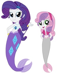 Size: 612x789 | Tagged: safe, artist:cruelladevil84, editor:thomasfan45, character:rarity, character:sweetie belle, my little pony:equestria girls, bandeau, bare arms, bare shoulders, barrette, belly button, bracelet, clothing, cute, cutie mark on tail, diasweetes, female, fins, jewelry, mermaid, mermaid tail, mermaidized, midriff, necklace, open mouth, pearl necklace, raribetes, sexy, short shirt, siblings, simple background, sisters, smiling, species swap, tail, vector, white background
