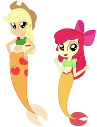 Size: 620x810 | Tagged: safe, artist:cruelladevil84, edit, editor:thomasfan45, character:apple bloom, character:applejack, my little pony:equestria girls, adorabloom, apple bloom's bow, apple sisters, applejack's hat, bow, clothing, cowboy hat, cute, cutie mark on tail, eqg promo pose set, female, fins, hair bow, hands on hip, hat, jackabetes, mermaid, mermaid tail, mermaidized, midriff, open mouth, ponytail, sexy, siblings, simple background, sisters, smiling, species swap, tail, vector, white background