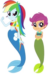 Size: 542x818 | Tagged: safe, artist:cruelladevil84, edit, editor:thomasfan45, character:rainbow dash, character:scootaloo, my little pony:equestria girls, chicken of the sea, cute, cutealoo, cutie mark on tail, dashabetes, eqg promo pose set, female, fins, honorary sister, mermaid, mermaid tail, mermaidized, midriff, sexy, simple background, species swap, tail, vector, white background