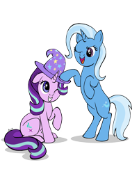 Size: 1024x1280 | Tagged: safe, artist:ambergerr, character:starlight glimmer, character:trixie, species:pony, species:unicorn, ship:startrix, accessory swap, bipedal, bipedal leaning, clothing, eye sparkles, female, grin, hat, leaning, lesbian, mare, one eye closed, one hoof raised, open mouth, shipping, simple background, sitting, smiling, transparent background, trixie's hat, wingding eyes