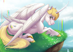 Size: 2320x1656 | Tagged: safe, artist:php130, artist:shadowwolf, oc, oc:bonniecorn, species:alicorn, species:pony, g4, alicorn oc, bonnie zacherle, butt, collaboration, colored hooves, curved horn, female, four wings, horn, mare, multiple wings, plot, ponified, rainbow waterfall, realistic horse legs, seraph, seraphicorn, solo, unshorn fetlocks, wings