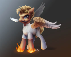 Size: 1500x1200 | Tagged: safe, artist:paintedhoofprints, character:gourmand ramsay, species:pegasus, species:pony, fire, gordon ramsay, kitchen knife, knife, male, mouth hold, ponified, stallion