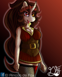 Size: 1000x1250 | Tagged: safe, artist:thedamneddarklyfox, oc, oc:odenia ripper, species:anthro, species:pony, species:unicorn, belt, chest fluff, clothing, female, fishnets, heterochromia, long hair, long mane, looking at you, miniskirt, piercing, rose crown, skirt, solo, stockings, thigh highs, tongue out