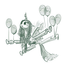 Size: 800x800 | Tagged: safe, artist:averagedraw, character:queen chrysalis, species:changeling, :|, balloon, changeling queen, cute, cutealis, female, flying, majestic as fuck, solo, wat