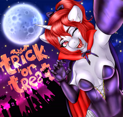 Size: 2966x2829 | Tagged: safe, artist:littlebird, oc, oc:final verse, species:anthro, armpits, halloween, holiday, moon, night, red eyes, red hair, trick or treat, vampire