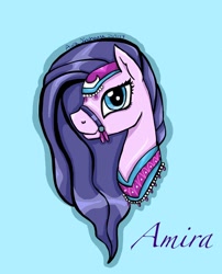 Size: 804x994 | Tagged: safe, artist:aurasinchaser, character:amira, species:pony, g4, blue background, bust, portrait, saddle arabian, simple background, solo