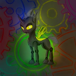 Size: 894x894 | Tagged: safe, artist:atomfliege, oc, oc only, oc:warplix, species:changeling, changeling oc, looking at you, male, robot, robot changeling, solo, standing, yellow changeling