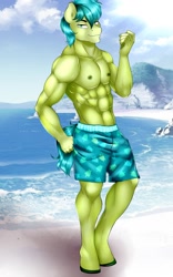 Size: 800x1280 | Tagged: safe, artist:littlebird, character:sandbar, species:anthro, species:unguligrade anthro, beach, clothing, commission, handsome, male, muscles, partial nudity, ripped, stupid sexy sandbar, topless