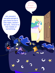 Size: 1024x1357 | Tagged: safe, artist:xxthatsmytypexx, character:princess celestia, character:princess luna, species:pony, gamer luna, bed, chips, controller, dialogue, female, food, headset, magic, prone, royal sisters, siblings, sisters, soda, speech bubble, telekinesis