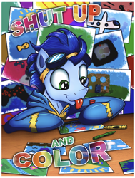Size: 2268x3000 | Tagged: safe, artist:mattings, artist:vocalmaker, character:soarin', species:pony, blep, clothing, crayon, crayons, cute, drawing, goggles, high res, hoof hold, male, poster, shut up, soarinbetes, solo, tongue out, uniform, wonderbolts uniform