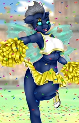 Size: 826x1280 | Tagged: safe, artist:littlebird, oc, oc only, oc:spectre phase, species:anthro, species:changeling, species:pony, armpits, blue changeling, cheerleader, cheerleader outfit, clothing, confetti, futanari, intersex, solo