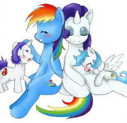 Size: 1558x1511 | Tagged: safe, artist:blackbewhite2k7, artist:pockystix, character:rainbow dash, character:rarity, oc, parent:rainbow dash, parent:rarity, parents:raridash, ship:raridash, collaboration, colored, female, filly, lesbian, magical lesbian spawn, offspring, resting, shipping