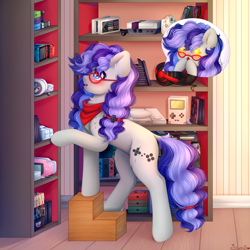 Size: 3200x3200 | Tagged: safe, artist:sweesear, oc, oc only, oc:cinnabyte, species:earth pony, species:pony, adorkable, bandana, blushing, cheek fluff, collection, cute, dialogue, dork, ear fluff, female, games, glasses, happy, mare, pigtails, solo, speech bubble