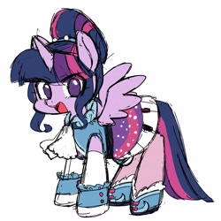 Size: 4096x4096 | Tagged: safe, artist:katuhira_rinmi, character:twilight sparkle, character:twilight sparkle (alicorn), species:alicorn, species:pony, episode:friendship through the ages, g4, my little pony: equestria girls, absurd resolution, alternate hairstyle, clothing, cute, dress, equestria girls ponified, female, hair bun, looking at you, mare, no pupils, open mouth, piano dress, ponified, simple background, solo, twiabetes, white background