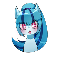 Size: 900x821 | Tagged: safe, artist:katuhira_rinmi, character:sonata dusk, species:pony, blushing, bust, cute, equestria girls ponified, eye clipping through hair, female, looking at you, mare, open mouth, ponified, portrait, simple background, solo, sonatabetes, starry eyes, white background, wingding eyes