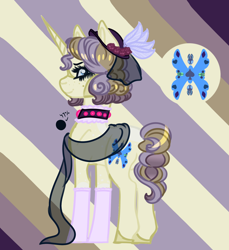 Size: 1352x1476 | Tagged: safe, artist:grateful-dead-raised, oc, oc only, parent:hayseed turnip truck, parent:rarity, species:pony, species:unicorn, abstract background, choker, clothing, crack ship offspring, freckles, hat, next generation, offspring, parents:rariseed, scarf, solo, stockings, thigh highs