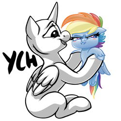 Size: 1250x1250 | Tagged: safe, artist:thrimby, character:rainbow dash, oc, species:alicorn, species:pegasus, species:pony, my little pony:pony life, :i, angry, blushing, chibi, colored pupils, commission, cute, dashabetes, duo, embarrassed, female, floppy ears, frown, generic pony, glare, grumpy, holding a pony, hoof fluff, hoof hold, looking away, madorable, mare, open mouth, partial color, pouting, simple background, sitting, small pony, smiling, smoldash, unshorn fetlocks, white background, your character here
