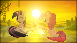 Size: 1920x1080 | Tagged: safe, artist:gign-3208, character:pinkie pie, character:twilight sparkle, species:earth pony, species:pony, species:unicorn, backlighting, bath, duo, duo female, female, mare, pond, smiling, splashing, water