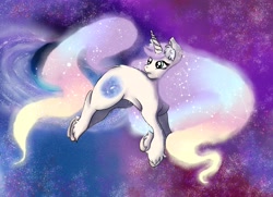 Size: 5800x4200 | Tagged: safe, artist:sugar lollipop, oc, oc only, oc:purple galaxia, species:pony, species:unicorn, complex background, cute, ear fluff, female, floating, full body, galaxy, glowing hair, looking back, mare, original character do not steal, outdoors, pastel, solo, unicorn oc