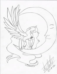 Size: 1700x2191 | Tagged: safe, artist:fizzyrox, character:princess luna, species:alicorn, species:pony, big wings, female, hoof shoes, impossibly large wings, lineart, mare, monochrome, peytral, signature, solo, tangible heavenly object, traditional art, transparent moon, wings