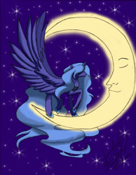 Size: 1700x2191 | Tagged: safe, alternate version, artist:fizzyrox, character:princess luna, species:alicorn, species:pony, big wings, colored, female, hoof shoes, impossibly large wings, mare, night, peytral, signature, solo, stars, tangible heavenly object, transparent moon, wings