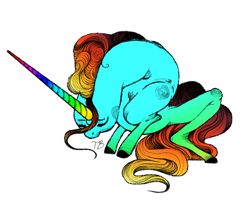 Size: 710x581 | Tagged: safe, artist:thrimby, species:pony, species:unicorn, colored hooves, eyes closed, gradient hair, horn, long horn, rainbow, rainbow horn, simple background, solo, white background
