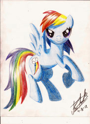 Size: 1700x2338 | Tagged: safe, artist:fizzyrox, character:rainbow dash, species:pegasus, species:pony, female, rearing, signature, smiling, solo, traditional art