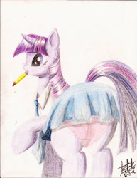 Size: 1700x2203 | Tagged: safe, artist:fizzyrox, character:twilight sparkle, character:twilight sparkle (unicorn), species:pony, species:unicorn, clothing, female, mare, miniskirt, mouth hold, necktie, pencil, pleated skirt, raised hoof, signature, skirt, solo, traditional art, upskirt