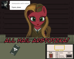 Size: 1000x800 | Tagged: safe, artist:warfost, oc, oc:pun, species:earth pony, species:pony, ask pun, ask, female, mare, papers please, solo
