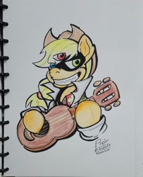 Size: 2363x2903 | Tagged: safe, artist:boyoxhot, character:applejack, species:earth pony, species:pony, crossover, dr. alto clef, dr. clef, female, grin, mare, musical instrument, scp, scp foundation, smiling, solo, three eyes, traditional art, ukulele
