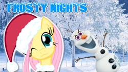Size: 1280x720 | Tagged: safe, artist:themightysqueegee, artist:vannamelon, character:fluttershy, species:pegasus, species:pony, christmas, clothing, hat, holiday, olaf, one eye closed, santa hat, snow, snowman, thumbnail, tree, vannamelon, wink