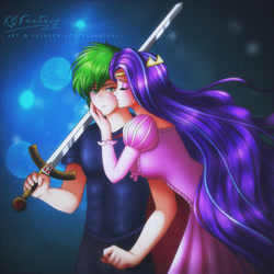 Size: 800x800 | Tagged: safe, artist:kgfantasy, character:spike, character:starlight glimmer, species:human, ship:sparlight, abs, anime, anime style, blushing, commission, crown, female, humanized, jewelry, male, princess, regalia, shipping, straight, sword, weapon