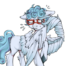 Size: 2081x1873 | Tagged: safe, artist:karamboll, species:pegasus, species:pony, blue, clothing, crossover, curly hair, ghiaccio, glasses, golden wind, jojo's bizarre adventure, male, ponified, shy, simple background, solo, stallion, sweat, sweater, vento aureo, white background, wing hands, wings