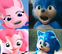 Size: 858x752 | Tagged: safe, artist:nobody25445, edit, editor:logan jones, character:pinkie pie, character:sonic the hedgehog, species:pony, 3d, before and after, comparison, creepy, cute, nightmare fuel, sonic movie 2020, sonic the hedgehog (series), source filmmaker, uncanny valley