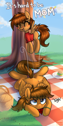 Size: 2000x4000 | Tagged: safe, artist:gicme, character:fluttershy, character:rainbow dash, oc, species:pegasus, species:pony, ants, basket, duo, female, filly, mare, picnic basket, picnic blanket, sigh, tree, unamused, ych result