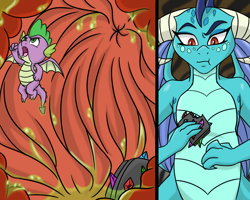 Size: 1000x800 | Tagged: safe, artist:noblebrony317, character:princess ember, character:spike, species:dragon, eaten alive, empred, female, food, gem, internal, male, micro, sandwich, spikeprey, stomach, stomach acid, vore, winged spike