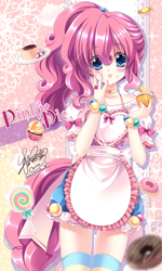Size: 496x828 | Tagged: safe, artist:sakuranoruu, character:pinkie pie, species:human, alternate hairstyle, anime, apron, blep, blushing, candy, clothing, cupcake, cute, dessert, diapinkes, donut, dress, female, food, humanized, lollipop, looking at you, ponytail, socks, solo, striped socks, tailed humanization, thigh highs, tongue out