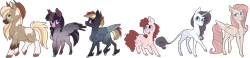 Size: 1853x431 | Tagged: safe, artist:guzzlord, character:applejack, character:fluttershy, character:pinkie pie, character:rainbow dash, character:rarity, character:twilight sparkle, character:twilight sparkle (alicorn), species:alicorn, species:earth pony, species:pegasus, species:pony, species:unicorn, alternate design, blaze (coat marking), cloven hooves, cremello, dappled, feathered fetlocks, female, leonine tail, mane six, mare, natural fur color, palomino, piebald colouring, roan, simple background, socks (coat marking), transparent background