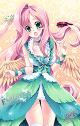 Size: 476x742 | Tagged: safe, artist:sakuranoruu, character:fluttershy, species:human, episode:green isn't your color, g4, my little pony: friendship is magic, anime, blushing, breasts, brush, brushing, busty fluttershy, butterfly hairpin, clothing, cute, dress, female, hair accessory, hairbrush, hairpin, humanized, jewelry, lipstick, makeup, necklace, offscreen character, offscreen human, open mouth, shyabetes, solo, tiara, winged humanization, wings, worried