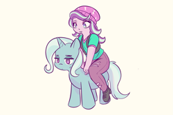 Size: 1181x787 | Tagged: safe, artist:burgeroise, character:starlight glimmer, character:trixie, species:pony, species:unicorn, my little pony:equestria girls, duo, humans riding ponies, riding, simple background, trixie is not amused, unamused, white background