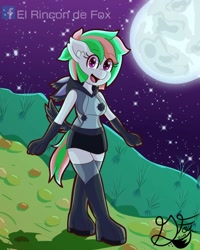 Size: 800x1000 | Tagged: safe, artist:thedamneddarklyfox, oc, oc:happy hearth, species:anthro, species:pony, boots, breasts, clothing, cute, female, full moon, gloves, high heel boots, hoodie, looking at you, miniskirt, moon, night, ocbetes, shoes, skirt, smiling at you, solo, stars, stockings, thigh boots, thigh highs