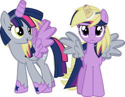 Size: 775x600 | Tagged: safe, artist:geometrymathalgebra, character:derpy hooves, character:twilight sparkle, character:twilight sparkle (alicorn), species:alicorn, species:pegasus, species:pony, episode:scare master, g4, my little pony: friendship is magic, alicorn costume, clothing, cosplay, costume, costume swap, cute, derpabetes, fake horn, fake wings, female, four winged, full circle, mare, nightmare night costume, not a horn, simple background, toilet paper roll, toilet paper roll horn, transparent background, twiabetes, twilight is not amused, twilight muffins, unamused, wig