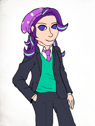 Size: 3120x4160 | Tagged: safe, artist:jesterofdestiny, character:starlight glimmer, species:human, my little pony:equestria girls, beanie, clothing, digitally colored, dress shirt, female, hand in pocket, hat, humanized, looking at you, necktie, solo, suit, sweater vest, traditional art