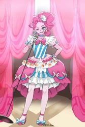 Size: 944x1415 | Tagged: safe, artist:puri__kyua, character:pinkie pie, my little pony:equestria girls, anime, clothing, dress, female, gala dress, looking at you, microphone, one eye closed, solo, wink