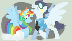 Size: 700x400 | Tagged: safe, artist:gikima, character:rainbow dash, character:soarin', species:pegasus, species:pony, ship:soarindash, episode:a canterlot wedding, g4, my little pony: friendship is magic, bridesmaid dress, clothing, cutie mark, dress, eyes closed, female, floppy ears, flower, flower in hair, goggles, hooves, lineless, male, mare, minimalist, necktie, open mouth, raised hoof, shipping, stallion, straight, wings, wonderbolts dress uniform
