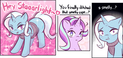 Size: 1287x614 | Tagged: safe, artist:burgeroise, character:starlight glimmer, character:trixie, ship:startrix, backless, clothing, female, lesbian, open-back sweater, shipping, sleeveless sweater, sweater, virgin killer sweater