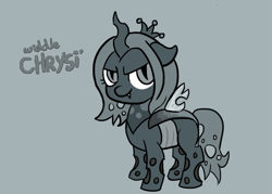 Size: 869x623 | Tagged: safe, artist:turbosolid, character:queen chrysalis, species:changeling, moonstuck, cute, cutealis, female, grayscale, monochrome, nymph, simple background, smiling, solo, style emulation